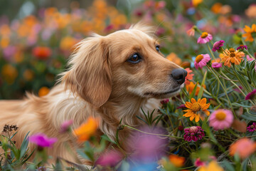 A dachshund with floppy ears sniffing a colorful bouquet of flowers in a garden.