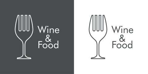 Logo restaurante. Silueta de copa de vino con forma de tenedor con líneas con texto Wine and Food © teracreonte