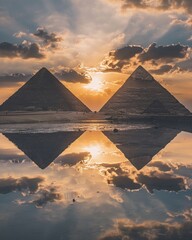 A serene view of the pyramids at sunset, their grandeur mirrored in the still waters nearby, blending history with natural beauty