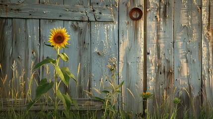 A sunflower is standing tall and proud in front of a rustic wooden door