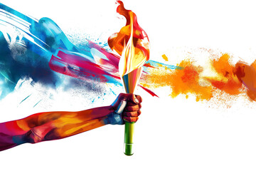 Hand with colourful burning torch isolated on transparent background. Victory sport concept.