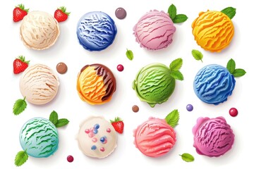 Assorted flavors of ice cream on a plain white background. Ideal for summer menus or dessert promotions