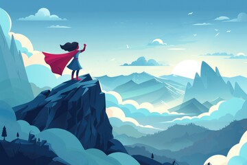 A woman in a red cape standing on top of a mountain. Perfect for outdoor and adventure themes