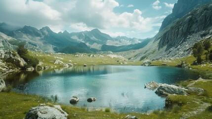 Scenic view of a mountain lake surrounded by grass, ideal for nature themes