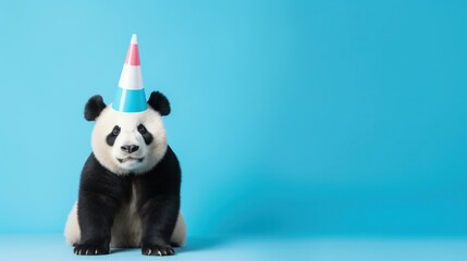 Funny panda with birthday party hat on blue background.