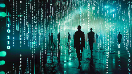 Illustrate the significance of digital identities in a virtual world through artistry Picture a futuristic landscape where human silhouettes blend with binary code