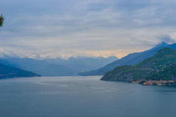 Landscape of Lake Como with views of the lake surface and majestic mountains