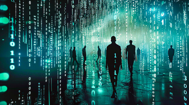 Illustrate the significance of digital identities in a virtual world through artistry Picture a futuristic landscape where human silhouettes blend with binary code
