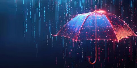 Polygonal glowing umbrella on a blue background. Protection concept