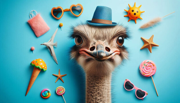 a Whimsical image of an Ostrich,Wearing a Small Hat,with Beach Holiday Items in the Background