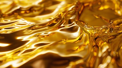 Close-up image of luxurious gold liquid, its rich, shimmering surface reflecting light in a display of opulence and high-end elegance