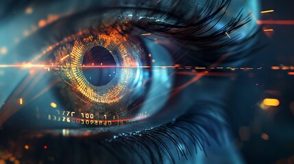 A cybernetic eye scanning layers of digital encryption, with glowing streams of data reflecting off its surface, representing biometric data security measures. 32k, full ultra hd, high resolution - Powered by Adobe
