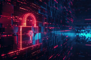 Obraz premium Illuminated padlock on a digital backdrop, suitable for cybersecurity concepts