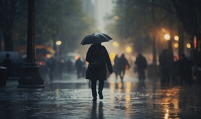 People walking in the rain captured in a blurred image.