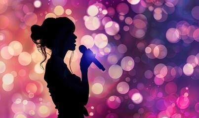 Silhouette of a girl singing on stage, very nice bokeh background