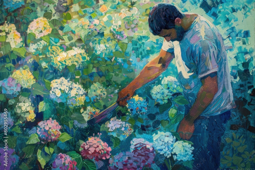 Poster A painting of a man standing in a field of colorful flowers. Suitable for various design projects