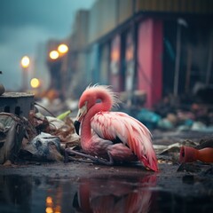 Sad homeless flamingo dreaming about home.