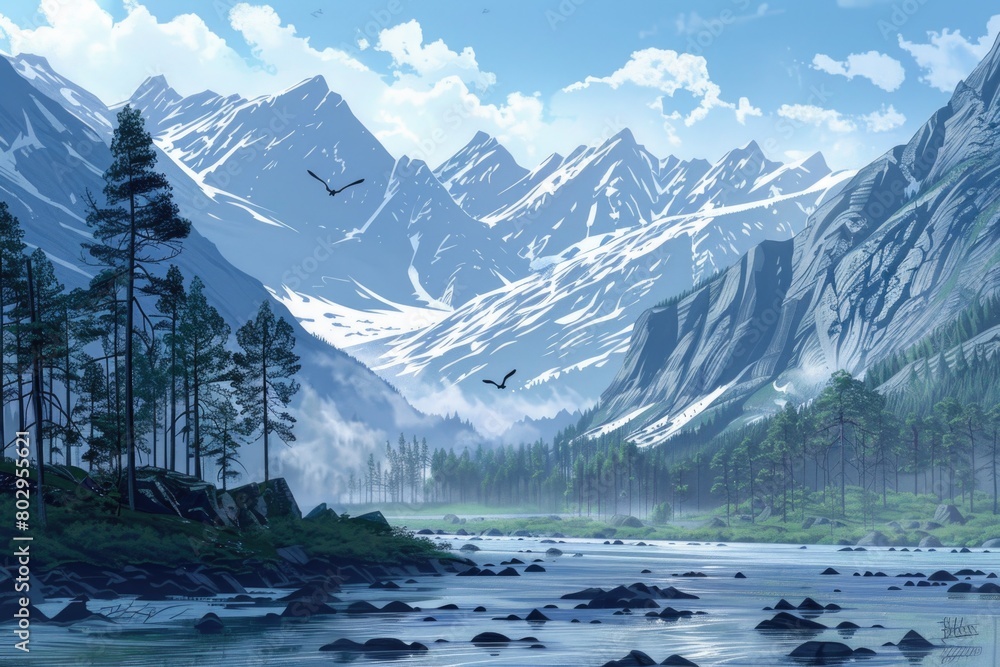 Poster scenic view of mountains with birds flying in the sky. suitable for nature and travel concepts