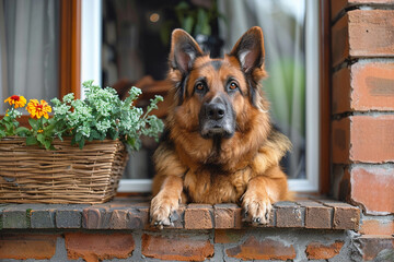 A loyal German shepherd standing guard at the entrance to its owner's home.