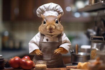 Squirrel as a chef cook in a restaurant kitchen.