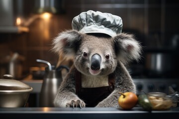 Koala as a chef cook in a restaurant kitchen.
