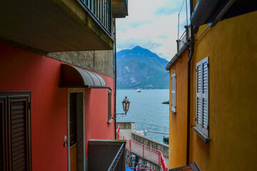Italy, Varenna, 22.04.2024: Mountain view on Lake Como with typical Italian architecture