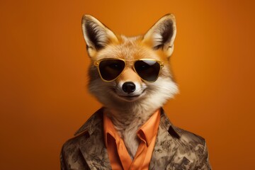 Naklejka premium Stylish portrait of dressed up imposing anthropomorphic handsome fox wearing glasses and suit on vibrant orange background with copy space. Funny pop art illustration.