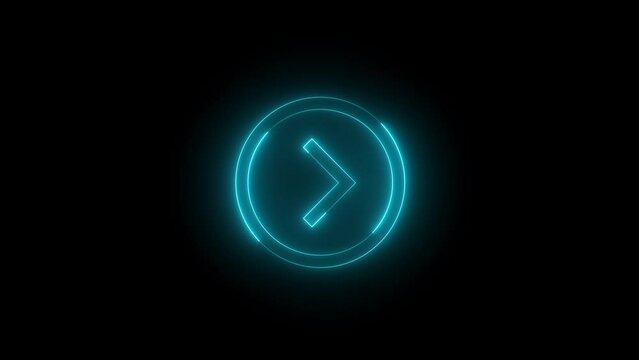 Neon glowing cyan color page right button icon on black background animation