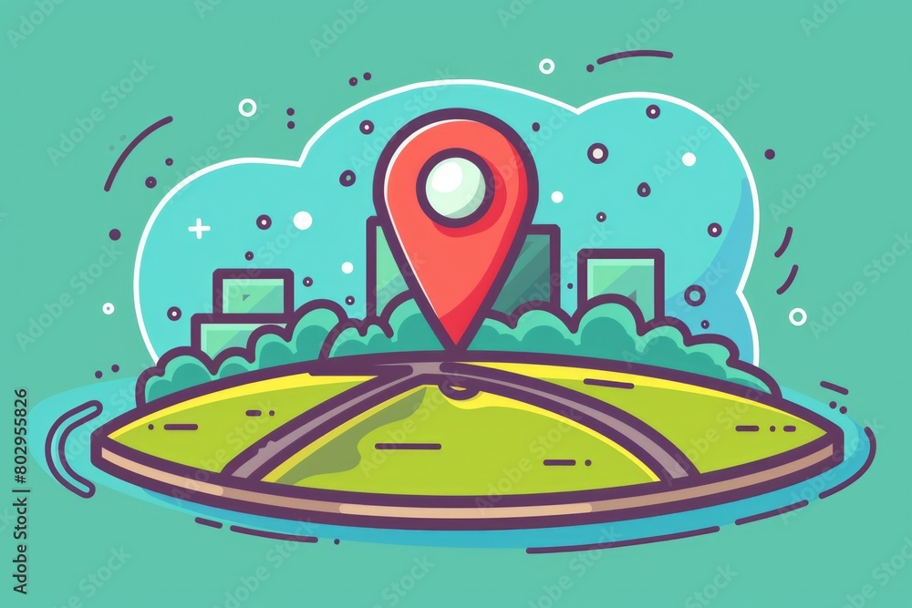 Poster a map marker with a city in the background. ideal for travel websites
