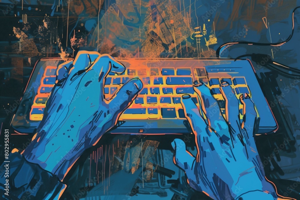 Poster person typing on keyboard. suitable for technology concepts