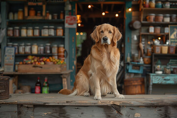 A loyal golden retriever waiting patiently for its owner outside a quaint country store.