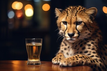 Drinking cheetah with a glass of beer.