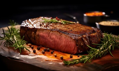 Grilled beef steak on wooden, juicy beef steak, cooked medium rare, with a charred exterior and a warm, pink center. garnished with a sprinkle of salt and cracked black pepper, and fragrant herbs.