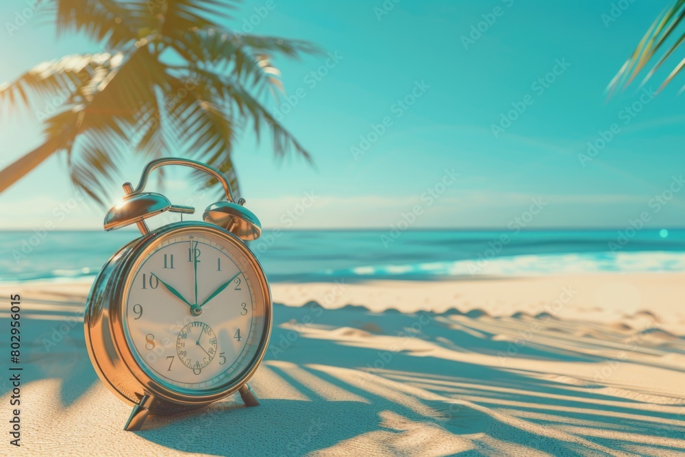 Poster A simple alarm clock resting on a sandy beach. Suitable for travel and vacation concepts