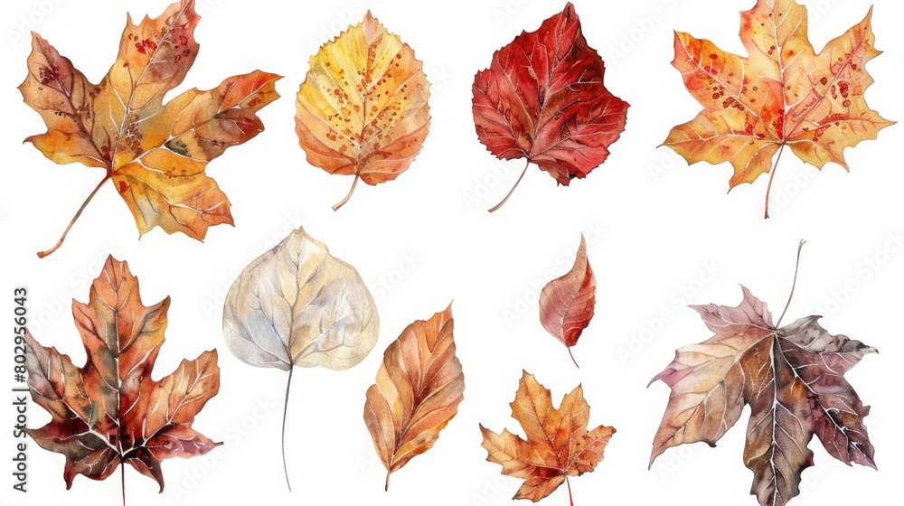 Poster Various colored leaves on a plain white background. Ideal for autumn themes or nature concepts