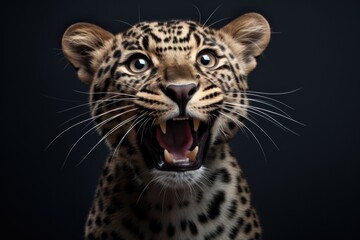 Happy surprised leopard with open mouth.