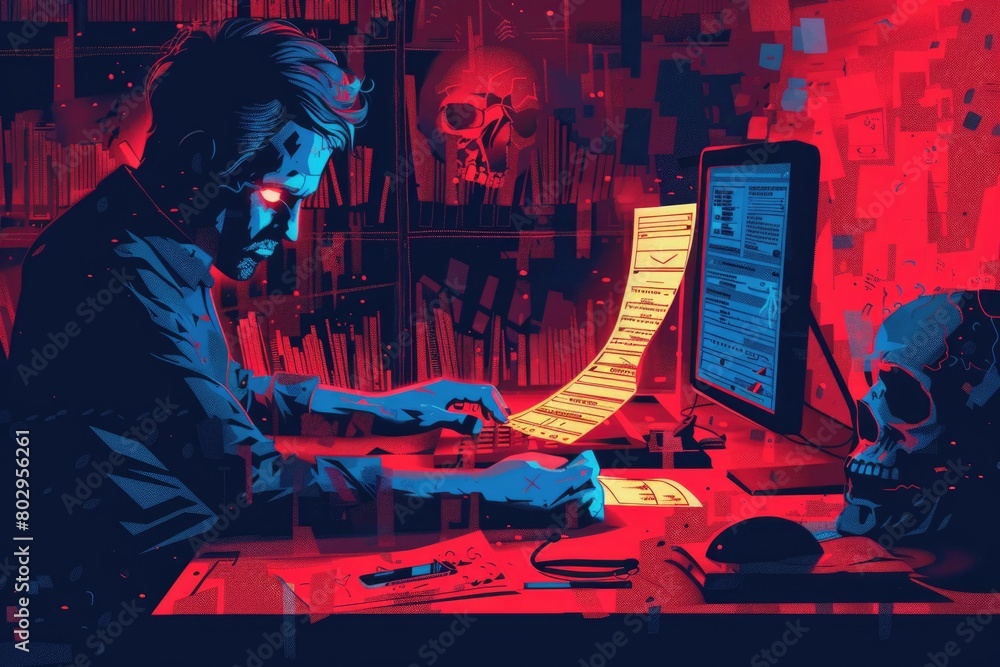 Poster a man sitting at a desk working on a computer. perfect for business concepts