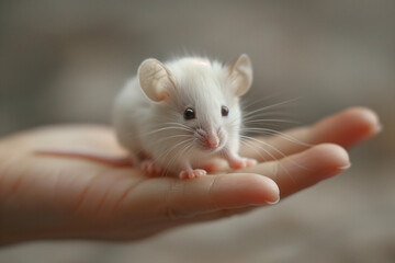 White mouse in the human hand on a blurred background.