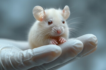 cute white mouse in the human hands in protective latex gloves on a blurred background.