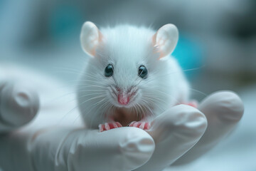 cute white mouse in the human hands in protective latex gloves on a blurred background.