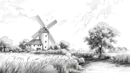 Detailed drawing of a traditional windmill in a picturesque field. Suitable for illustrating renewable energy concepts