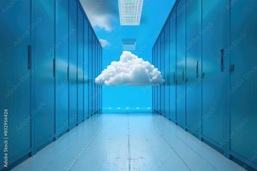 Poster a cloud floating in a hallway, suitable for dreamy or surreal concepts