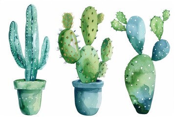 A set of three cactus plants painted in watercolor. Suitable for botanical illustrations
