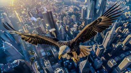 Create an eyecatching illustration featuring a majestic eagle soaring high above a bustling metropolis, with digital coins and blockchain elements integrated into the skyline