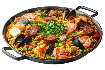 Spanish Paella with Seafood and Chorizo, Isolated on a Transparent Background