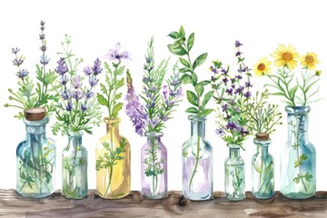 Glass bottles filled with different types of flowers, perfect for home decor or floral arrangements