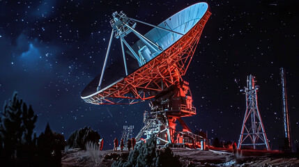 Design a mesmerizing long shot depicting a team of scientists huddled around a massive satellite dish, capturing mysterious signals from deep space Show the tension, excitement