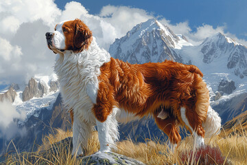A majestic Saint Bernard standing proudly in a mountain meadow, snow-capped peaks rising in the distance.