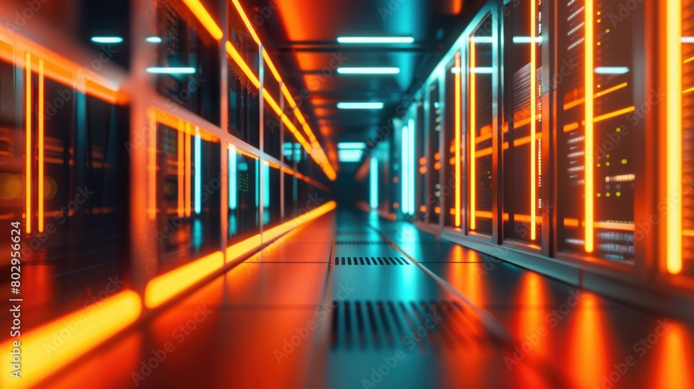 Poster long hallway with neon lights and windows. perfect for modern architecture projects