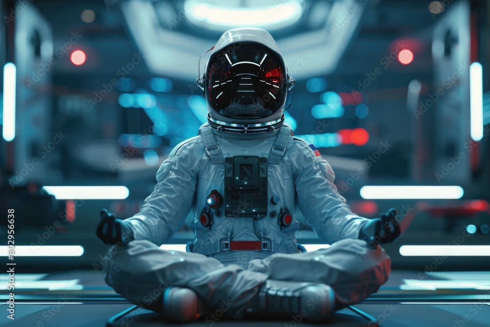 Poster an astronaut in a space suit meditating. suitable for space exploration concepts
